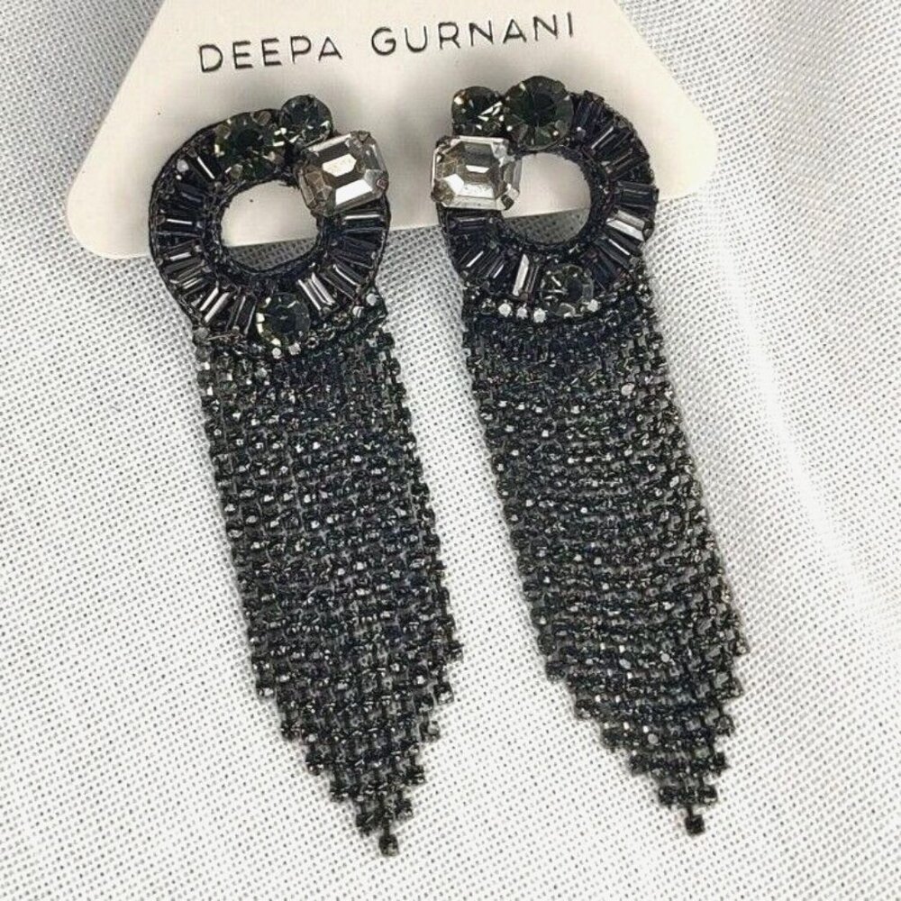 Anthropologie Deepa Gurnani Mavis Earrings Crystal Chadenliers Gunmetal